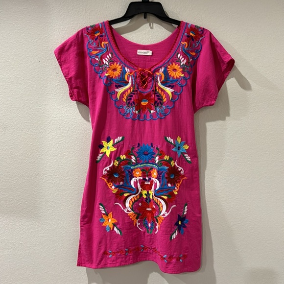Mexican Embroidered Fiesta Dress V Neck Dress Short Sleeve w/ waist tie Size Med - Picture 4 of 9